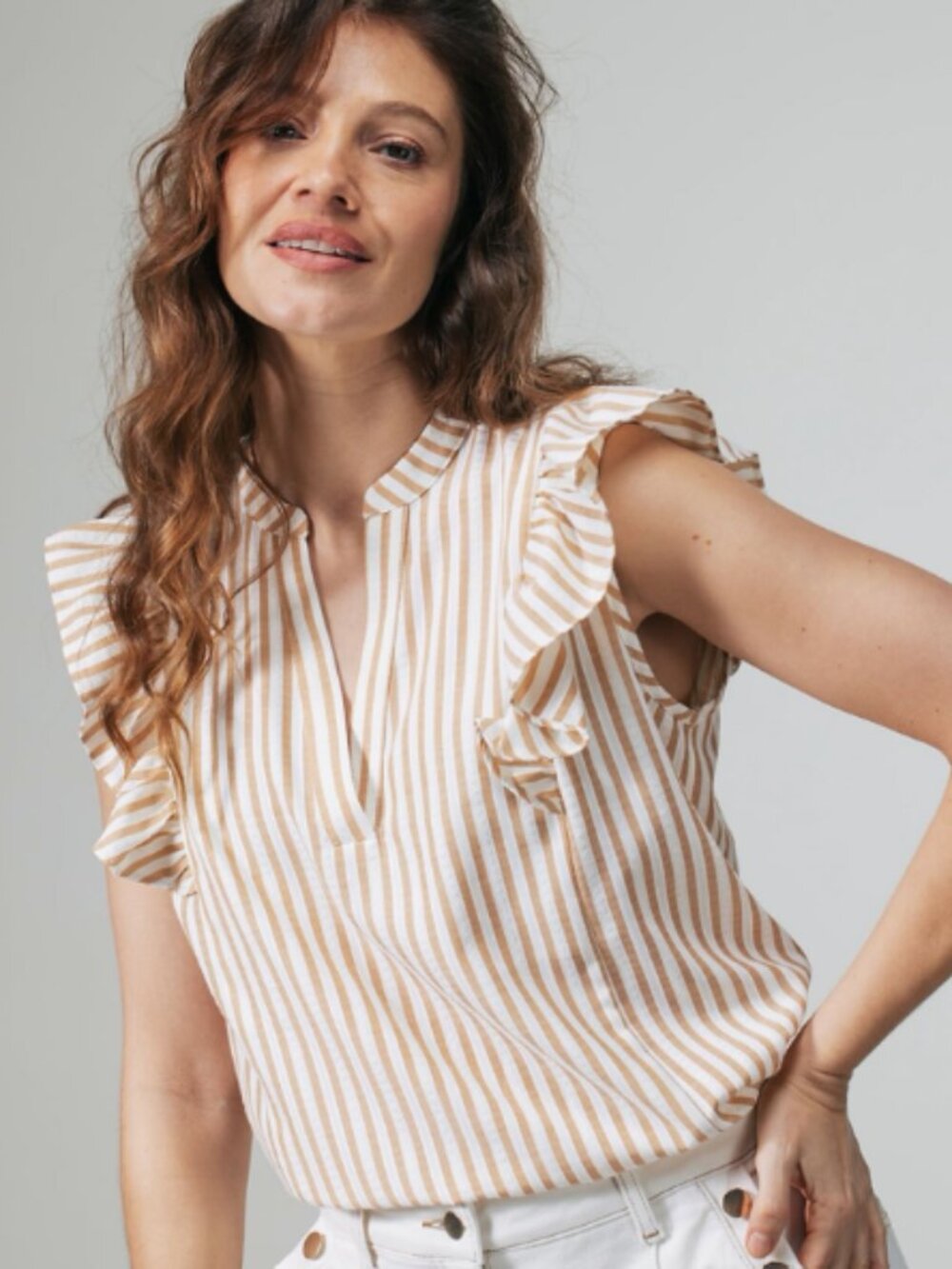 Ann Taylor Tan White Striped Blouse L Ruffle Collar Flutter Sleeve